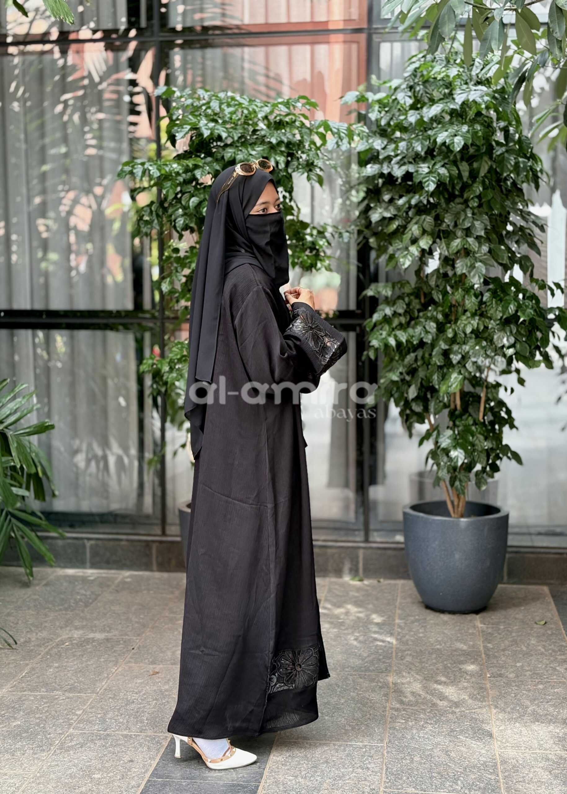 Black Abaya with Embroidered Floral Cuffs - Image 2