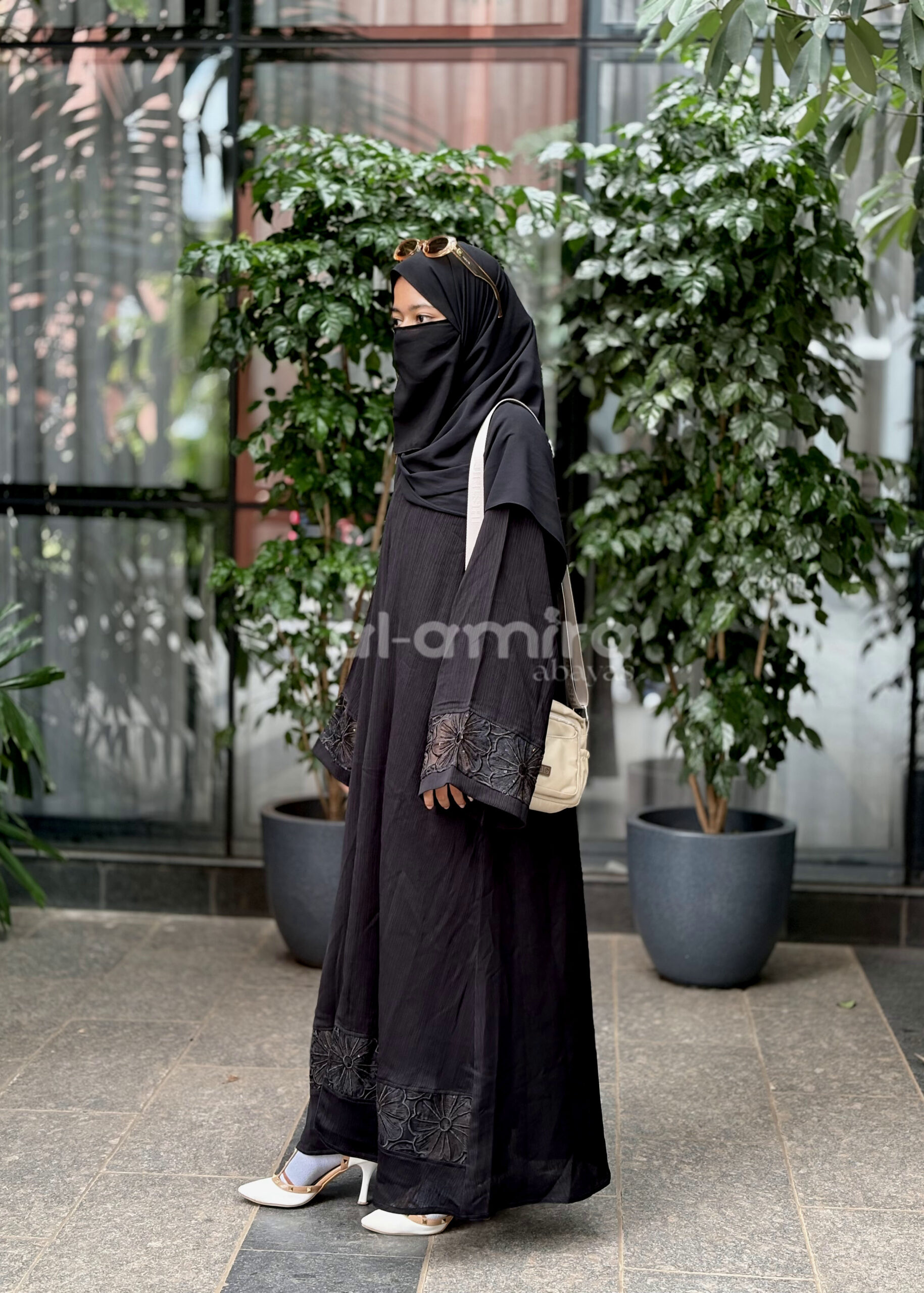 Black Abaya with Embroidered Floral Cuffs - Image 3