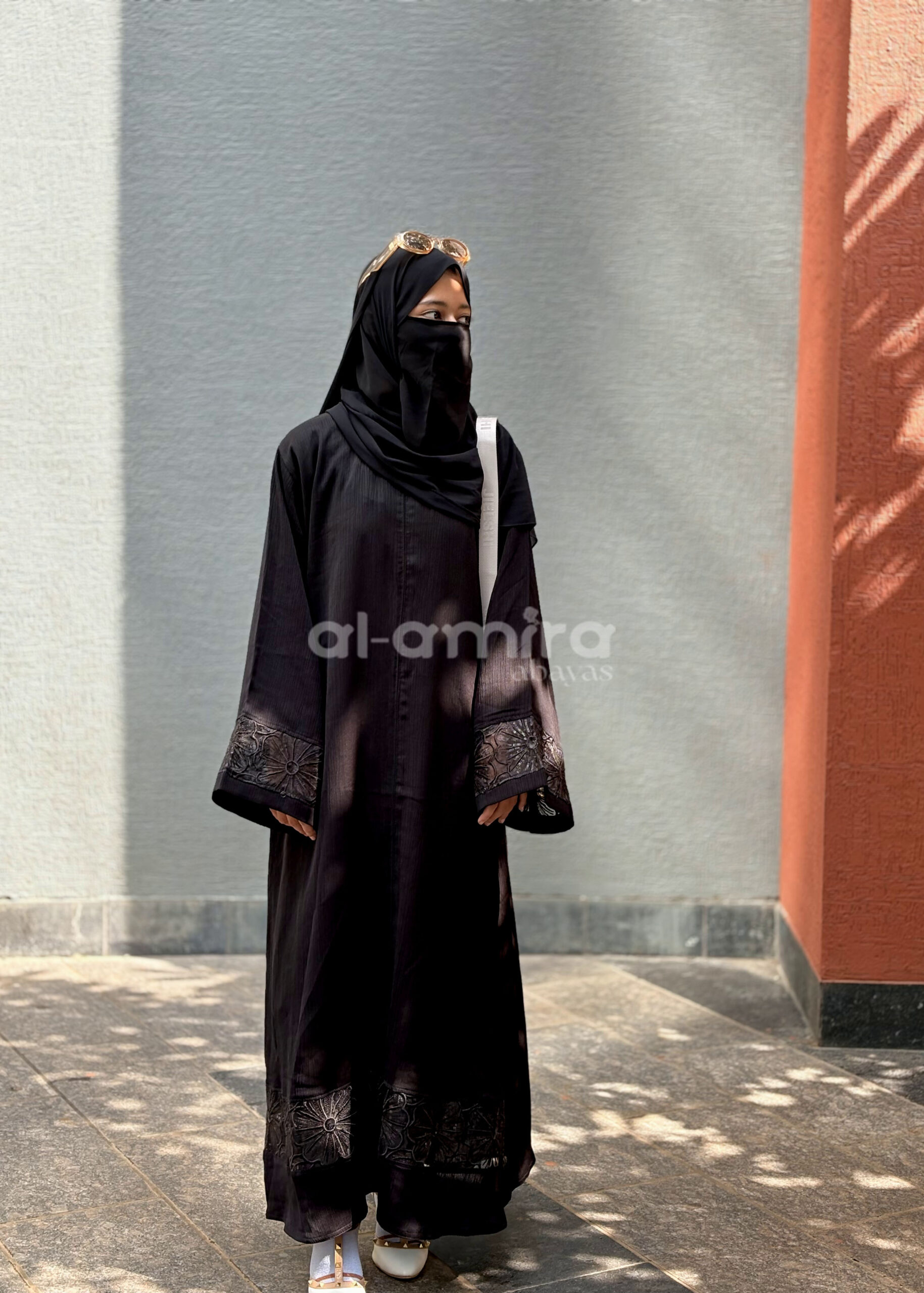 Black Abaya with Embroidered Floral Cuffs - Image 4