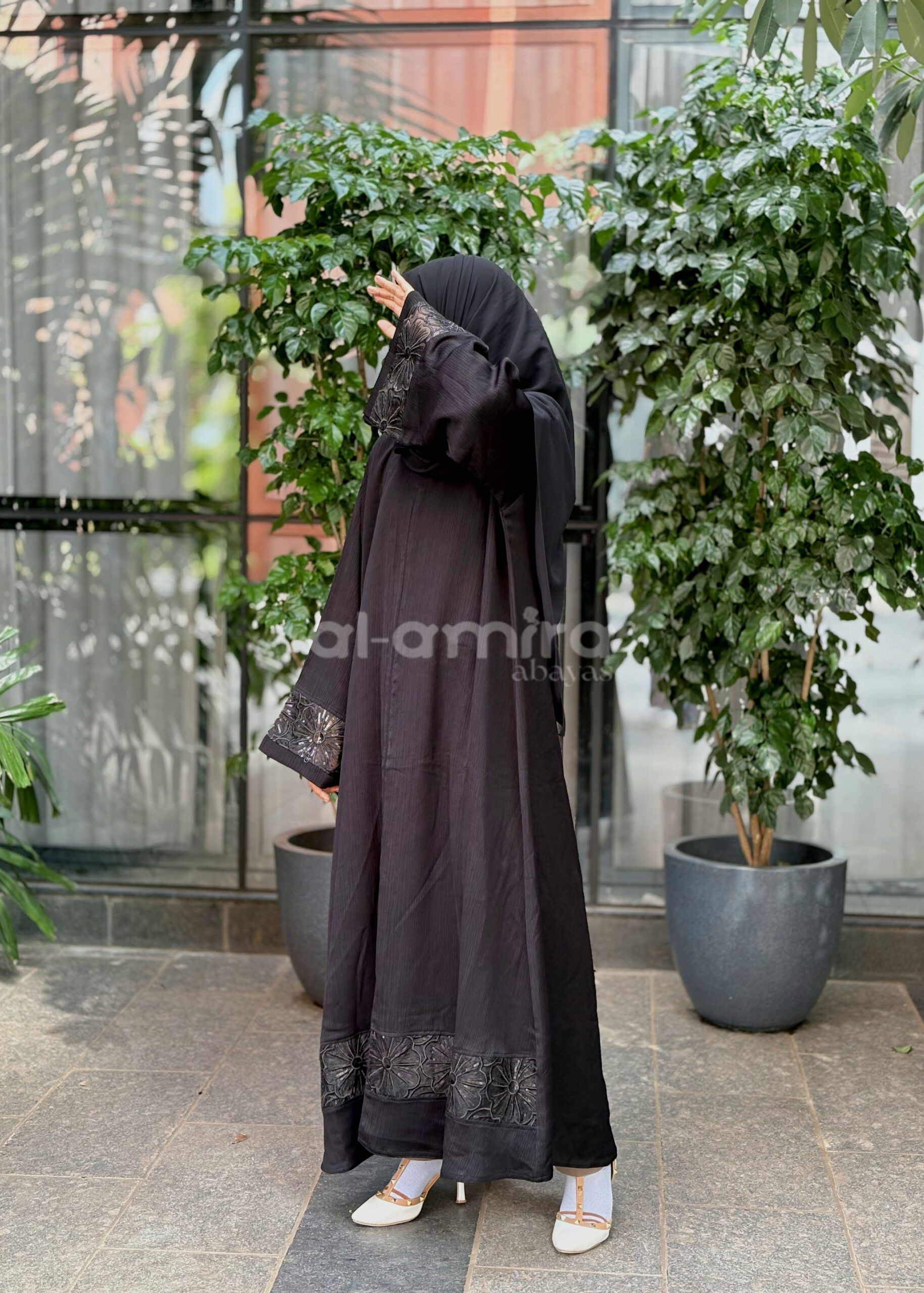 Black Abaya with Embroidered Floral Cuffs - Image 6