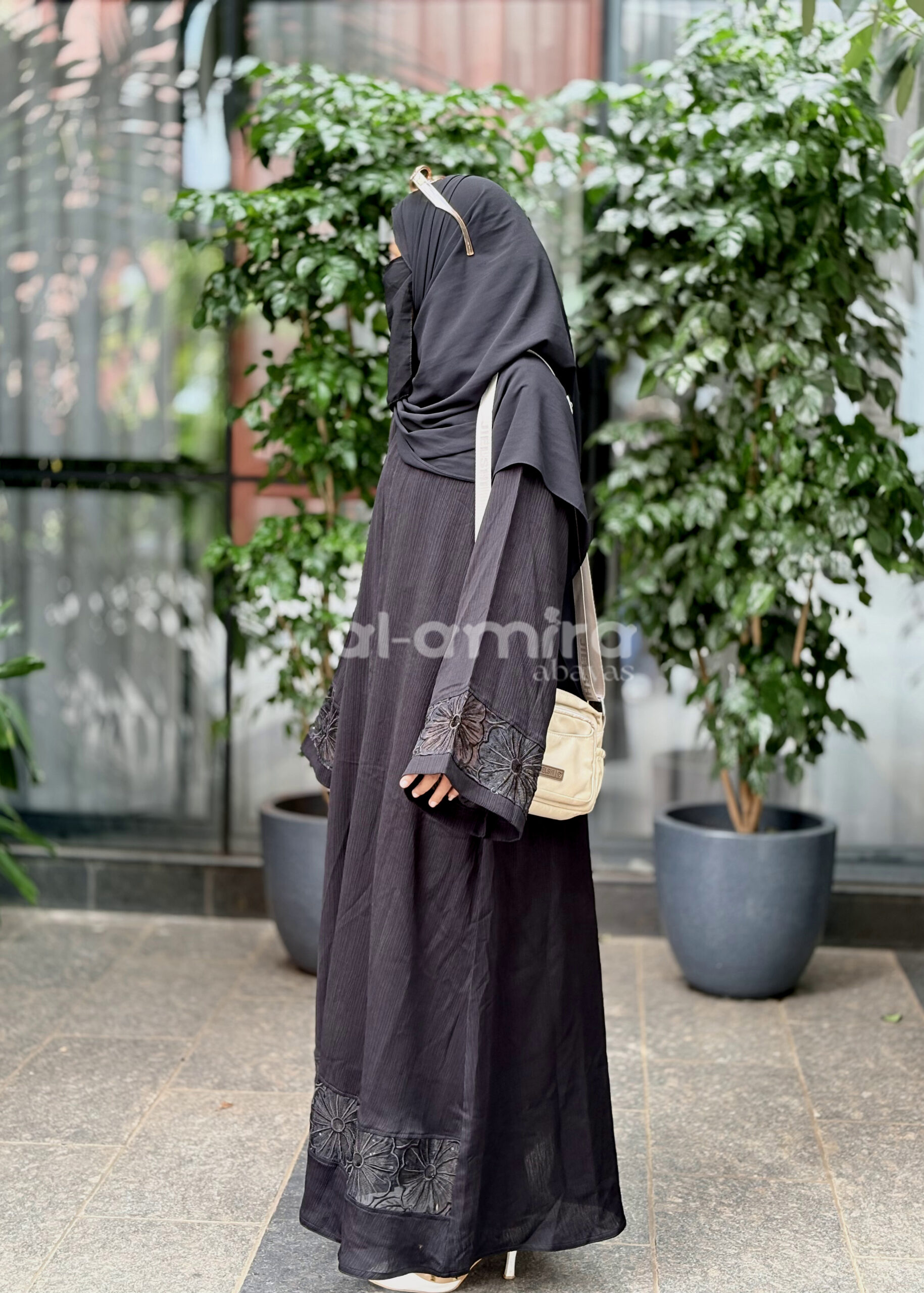 Black Abaya with Embroidered Floral Cuffs - Image 7